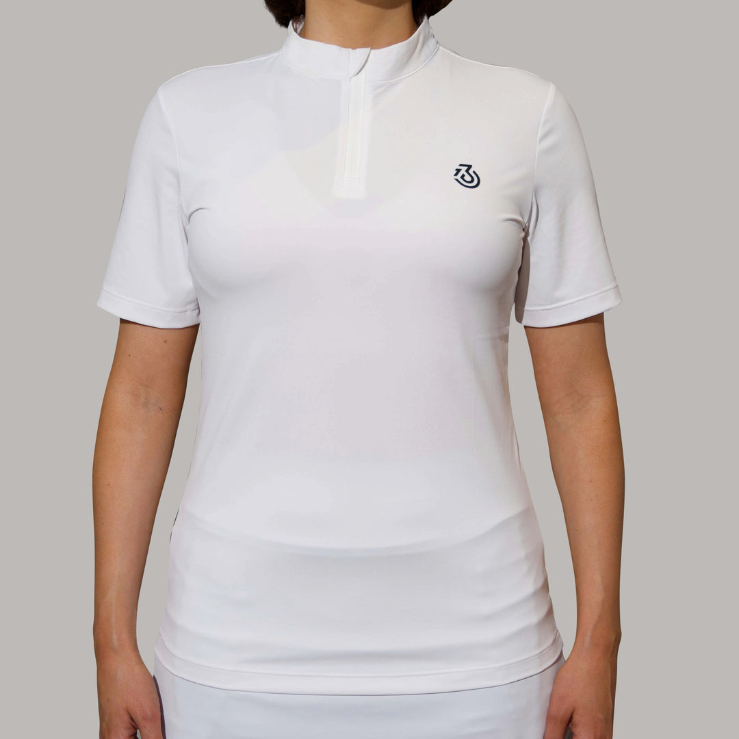 Front of white mock collar short sleeve golf top