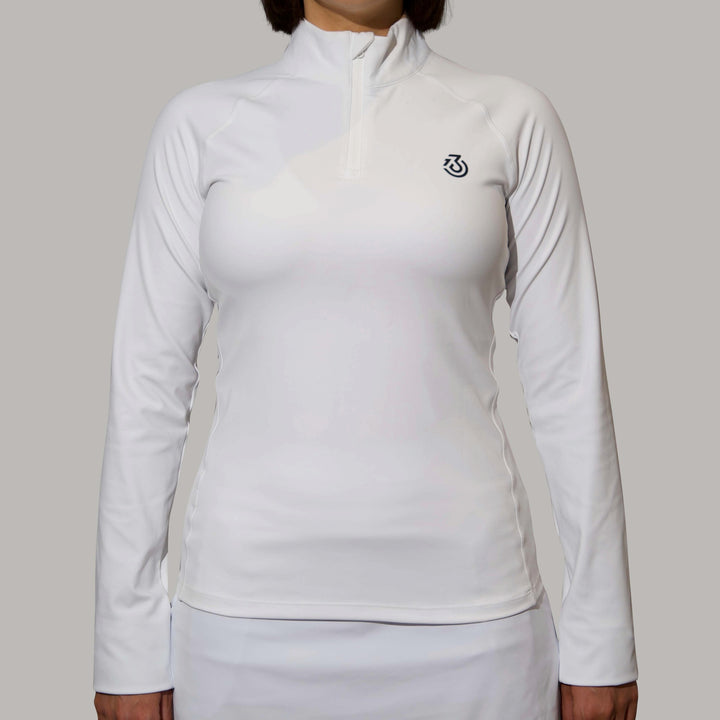 Front of long sleeve white golf top