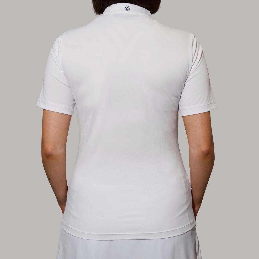 Back of white short sleeve golf top