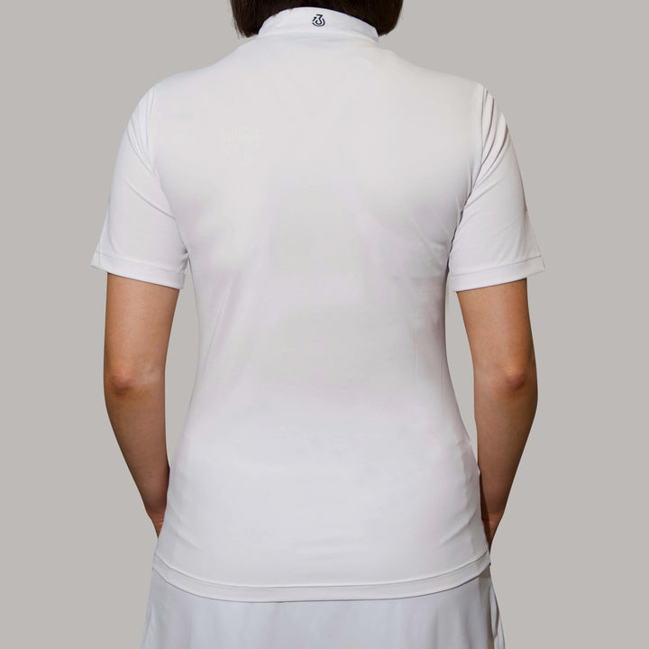 Back of white short sleeve golf top